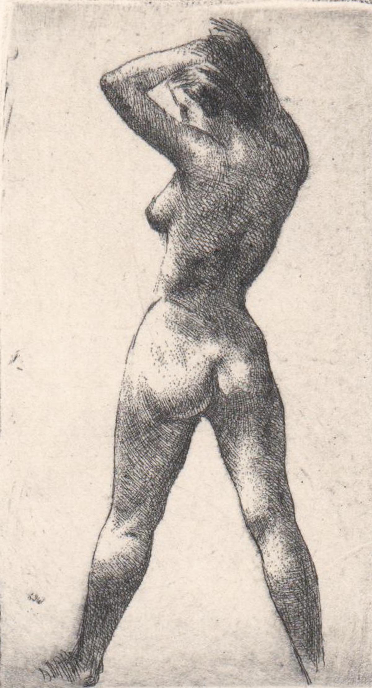 Keith Shaw Williams Etching [Nude]: Keith Shaw Williams pencil signed etching. Image measures 2.875 in. x 1.875 in. and sheet measures 4.5 in. x 2.75 in. Provenance: Amity Art Foundation, Inc. collection. Unframed, loose and not glued o