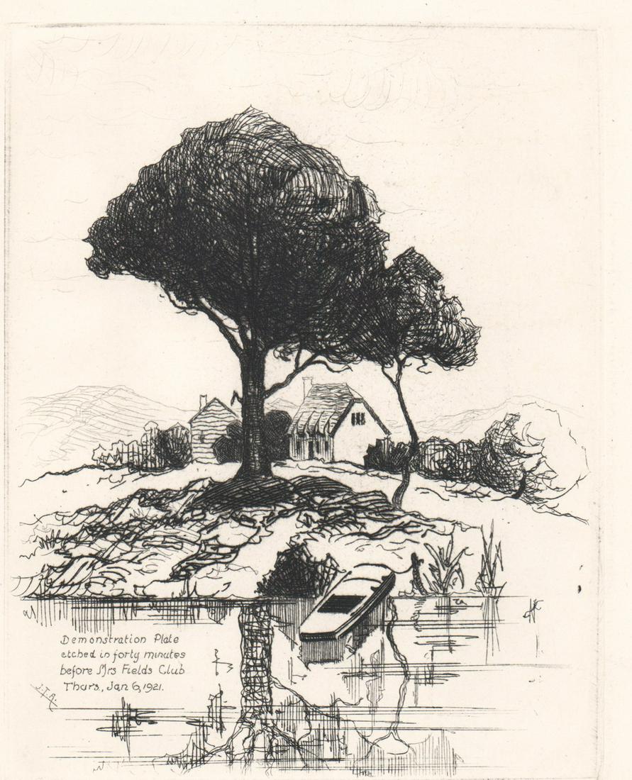 John Taylor Arms Etching [Mrs. Fields Club]: John Taylor Arms plate signed etching. Reads on plate 'Demonstration Plate etched in forty minutes before Mrs. Fields Club Thursday January 6th 1921'. Image size measures 6 in. x 4.75 in. and sheet si