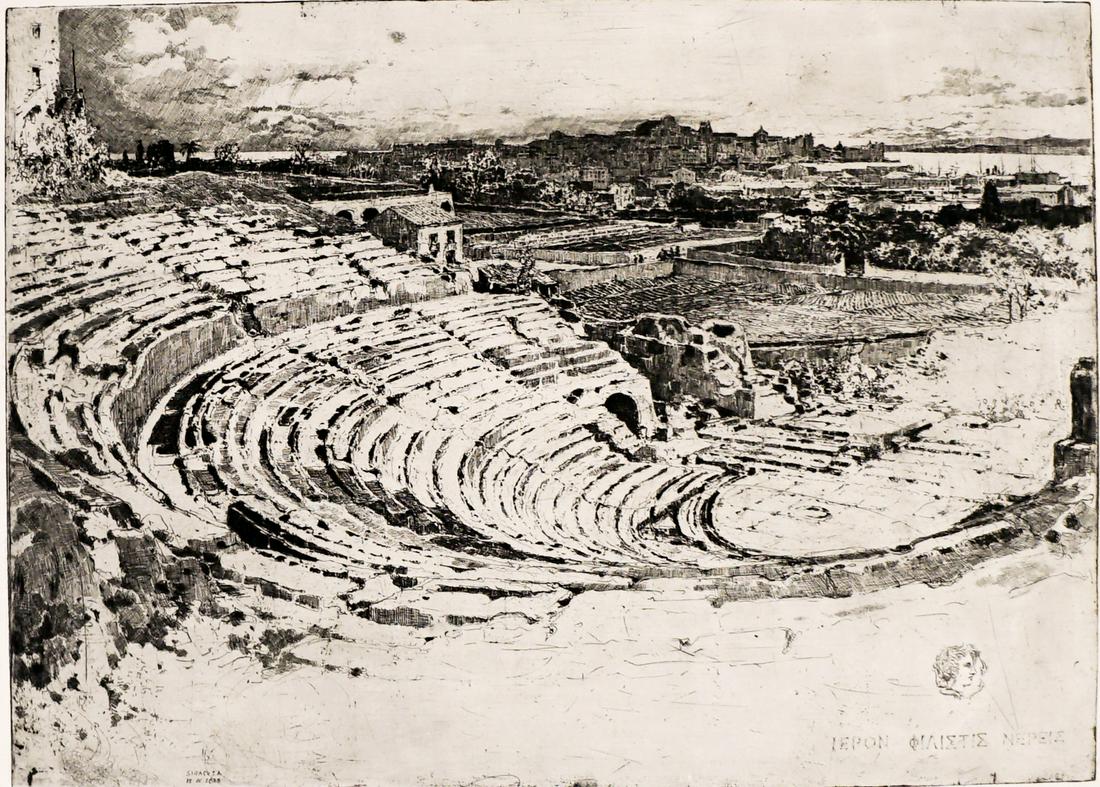 Luigi Kasimir Etching [Syracus, Sicily]: Luigi Kasimir (1881-1962) pencil signed etching. Signed 'Luigi Kasimir' lower center. Noted lower left 'Luigi Signed Proof', and titled 'Syracus' lower left. Measures 19.5 in. x 27 in. (plate size) an