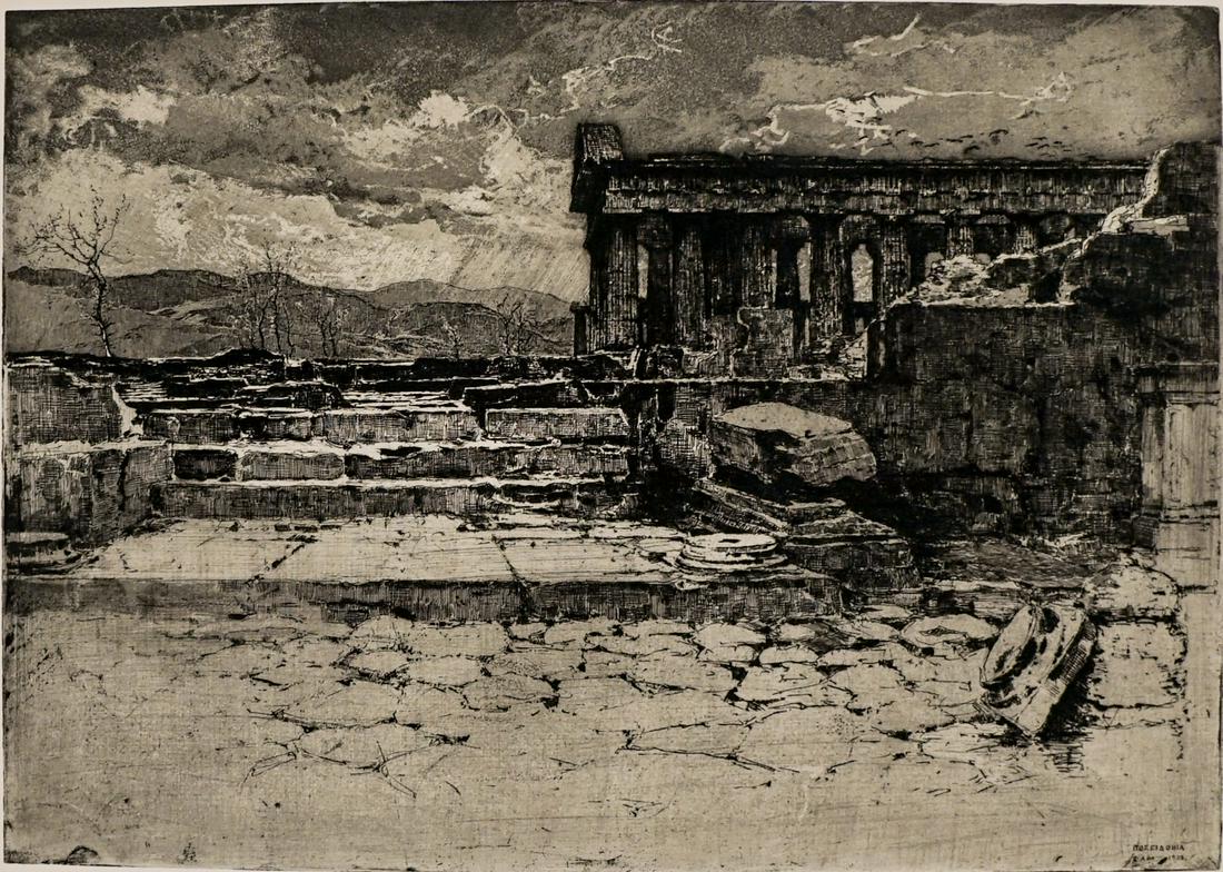 Luigi Kasimir Estate Signed Etching [Paestum]: Luigi Kasimir large etching titled Paestum No. 409 with estate signature in pencil lower center. Measures 19.5 in. x 21.25 in. image size. Unframed, loose and not glued or mounted. If lot is absent of