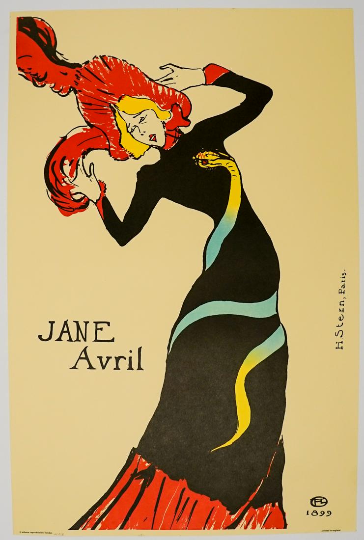 Jane Avril Poster: Jane Avril poster. Measures 31.5 in. x 21.5 in. Unframed, loose and not glued or mounted. If lot is absent of a condition report one may be requested via email. Condition report is provided as an opin