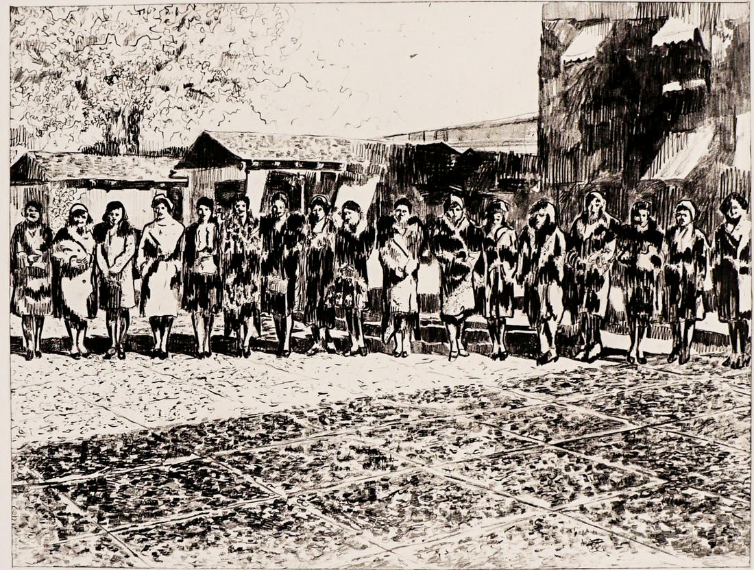 Ann Chernow Etching [Day in the Country]: Ann Chernow (Connecticut, b. 1936) etching pencil signed 'Ann Chernow' lower right, numbered '27/50' lower left and titled ' A Day in the Country' lower center. Image measures 15.75 in. x 20.75 in. an