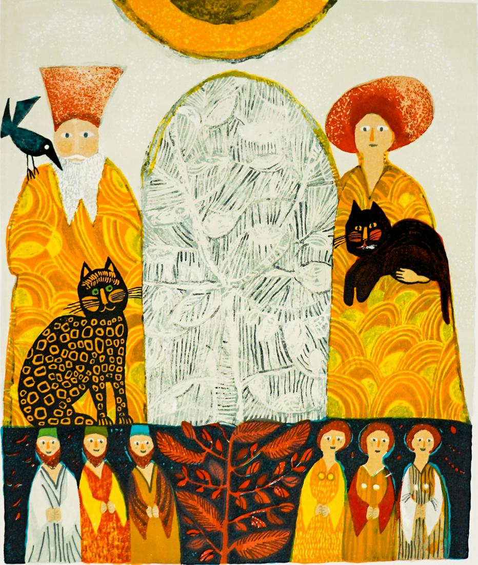 Judith Bledsoe Lithograph #295/300 [People, Cats]: Judith Bledsoe (California, Europe b. 1938) color lithograph. Signed lower right and numbered '295/300' lower left. Sheet measures 29.25 in. x 21 in. Unframed, loose and not glued or mounted. If lot i