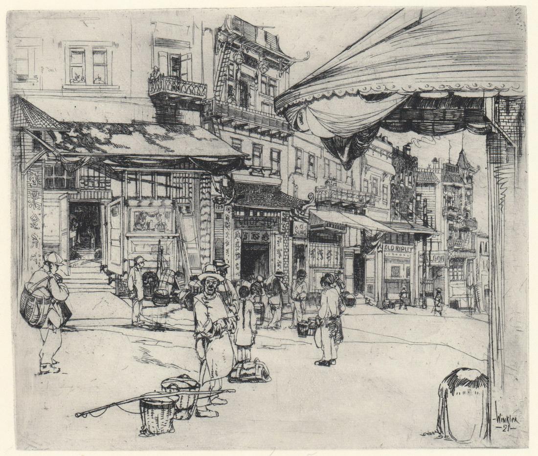 John Winkler Etching [Large Awning on Jackson St]: John Winkler (American, 1890-1979) pencil signed etching titled 'Large Awning on Jackson Street Plate Aa'. Signe lower center. Image measures 6.125 in. x 7.125 in. and sheet measures 9.5 in. x 12.875 