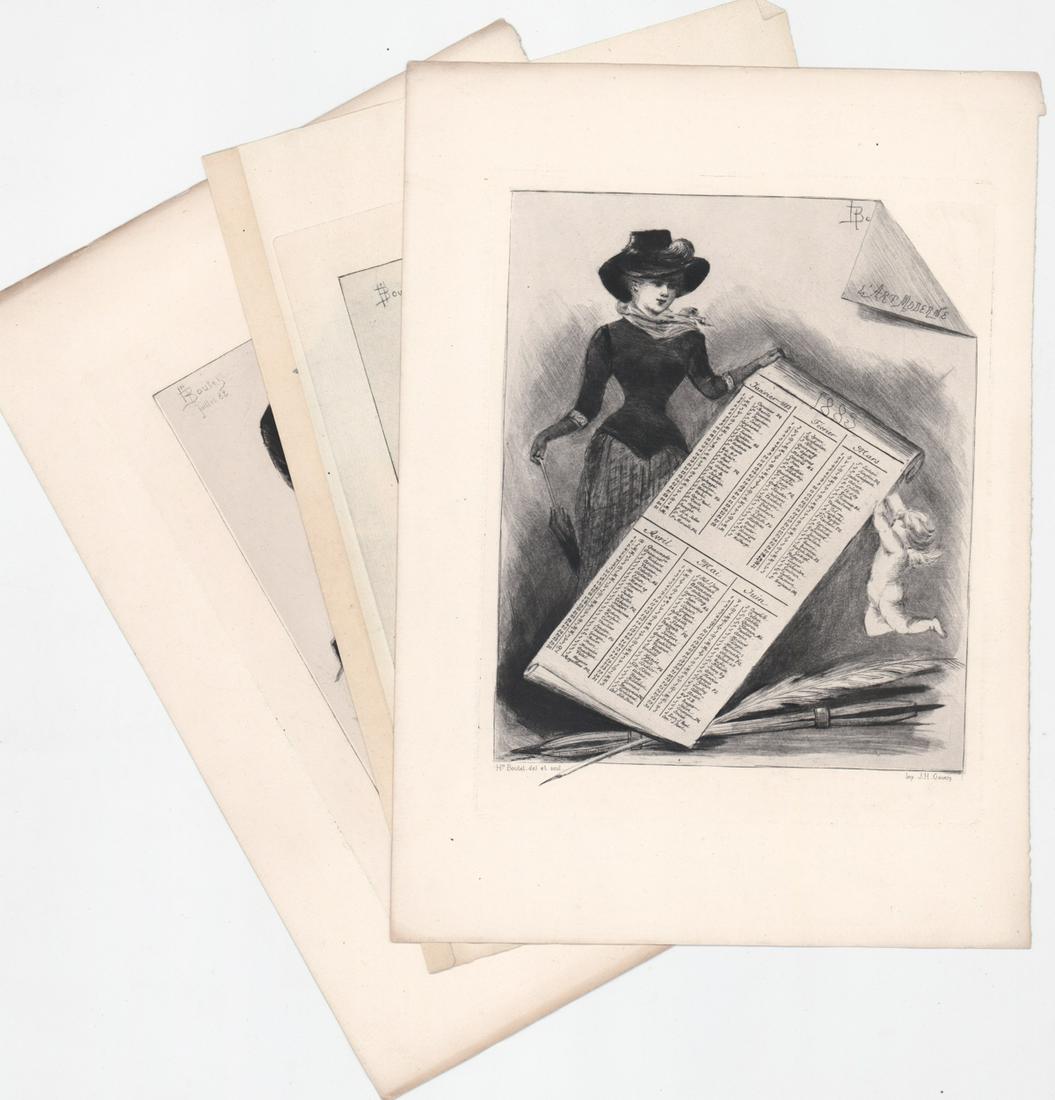 Henri Boutet (3) Etchings [Women]: Henri Boutet (France, 1851-1919) etching signed in plates top left or right. Sheets measure 12 in. - 12.75 in. x 8.5 in. - 9.75 in. Unframed, loose and not glued or mounted. If lot is absent of a cond