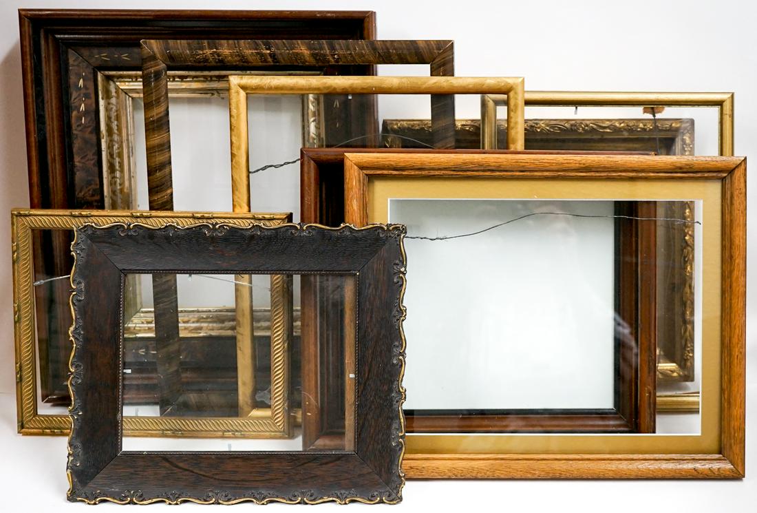 A Group of Vintage and Antique Frames (8): A group of eight vintage and antique frames. They will fit artwork or photographs from 7-in. x 9-in. opening being the smallest to 11-in. x 13.5-in. opening being the largest. If lot is absent of a co