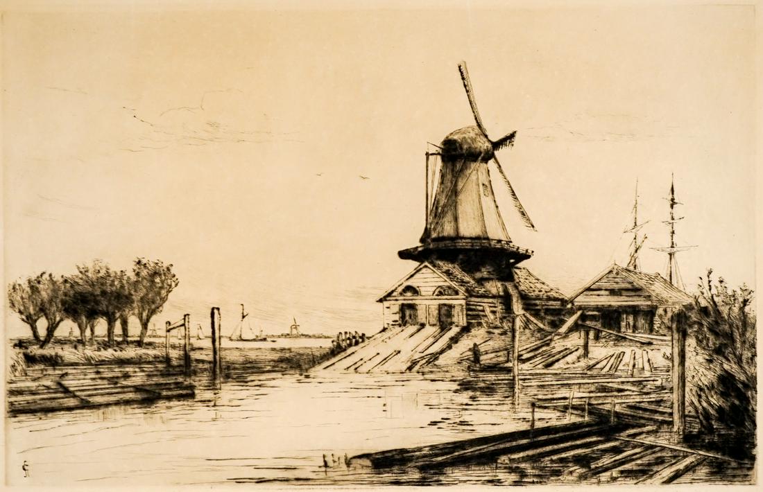 Illegibly Signed Antique Print [Windmill]: A large antique print of a 'Windmill' illegibly signed. Sheet measures 18 in. x 24.5 in. Unframed, loose and not glued or mounted. If lot is absent of a condition report one may be requested via email