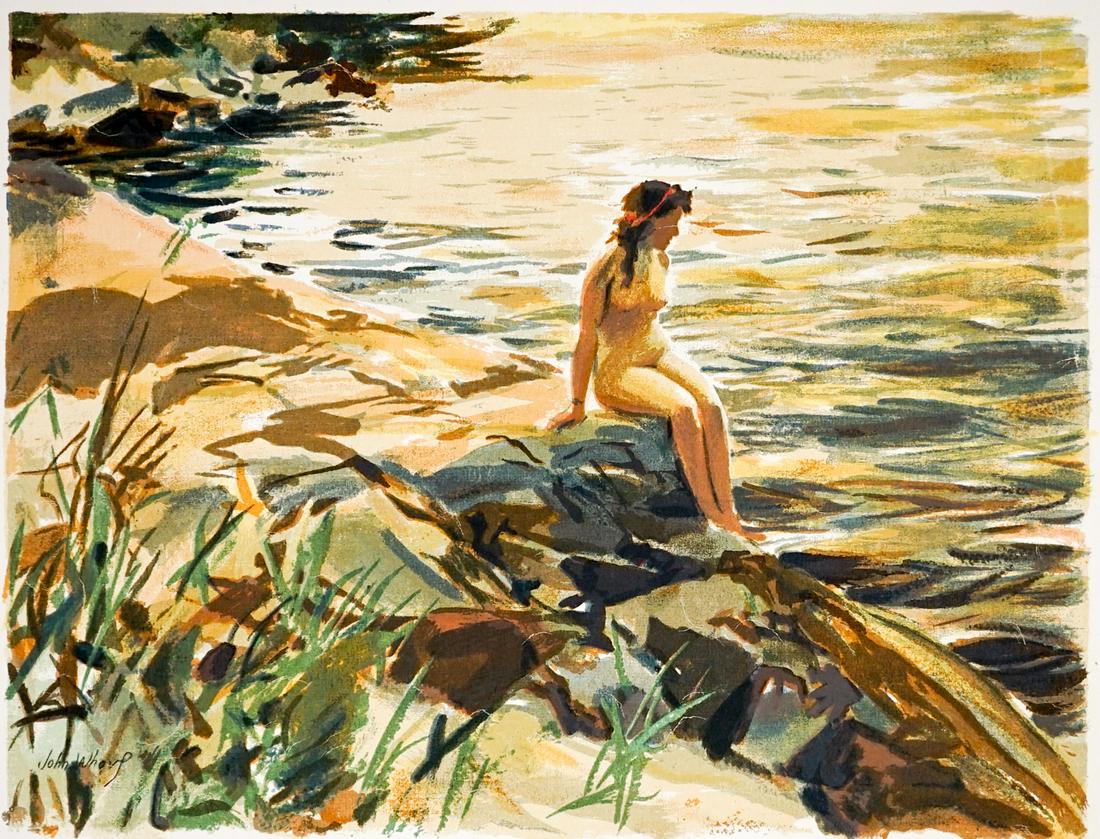 John Whorf Lithograph [Nude]: John Whorf (Massachusetts, 1903-1959) color lithograph. Image measures 15 in. x 19.5 in. and sheet measures 20 in. x 24 in. Unframed, loose and not glued or mounted. If lot is absent of a condition re