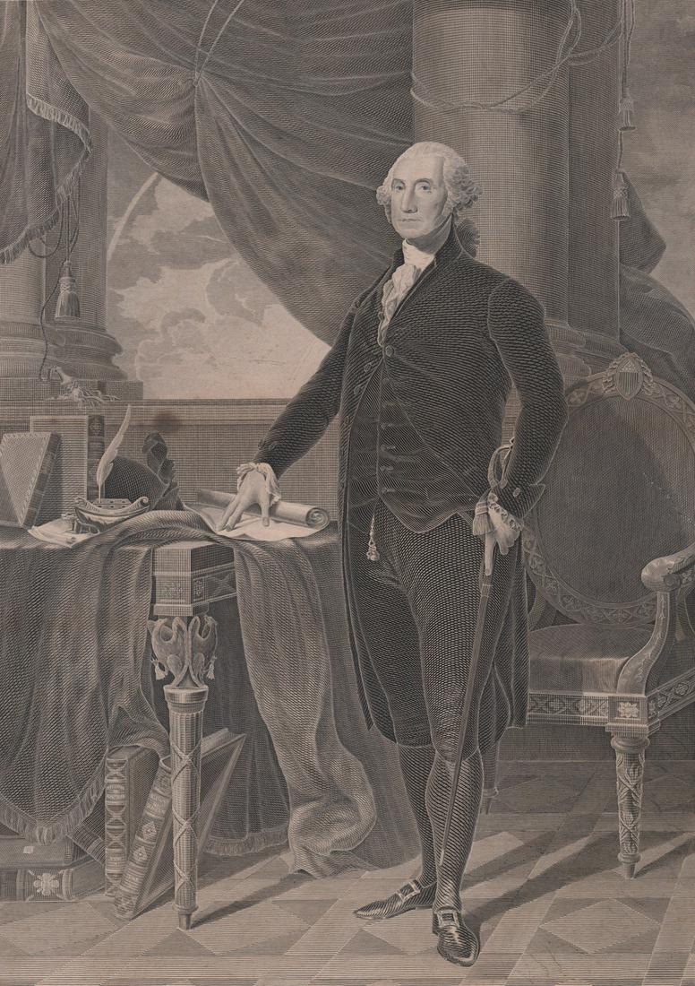 J. H. Hills Engraving [George Washington]: 19th Century engraving after a painting by Gilbert Stuart. J. H. Hills engraver. Mounted on paperboard. Image measures 20.125 in. x 14.125 in. and sheet measures 23 in. x 16 in. Chipping at page surro