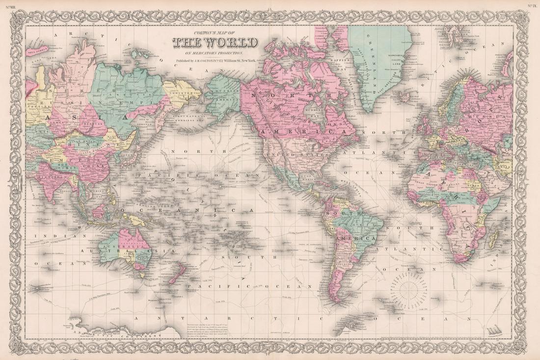 Colton's Map of the World 1855: Colton's Map of the World on Mecator's Projection. Entered according to Act of Congress in the year 1855. Published by J. H. Colton & Co. Measures 18.5" x 29.25". Fold at center with paper seam on ver