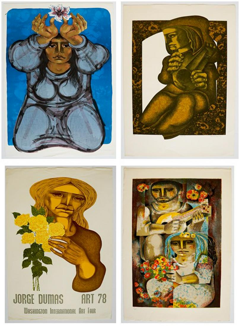 Jorge Dumas Lithographs (4) Estate of Artist: A group of four (4) Jorge Dumas of Atelier Dumas lithographs. Two are hand signed in pencil, one of the hand signed lithographs is an unsigned artist's proof. They measure approximately 32 in. x 22 in