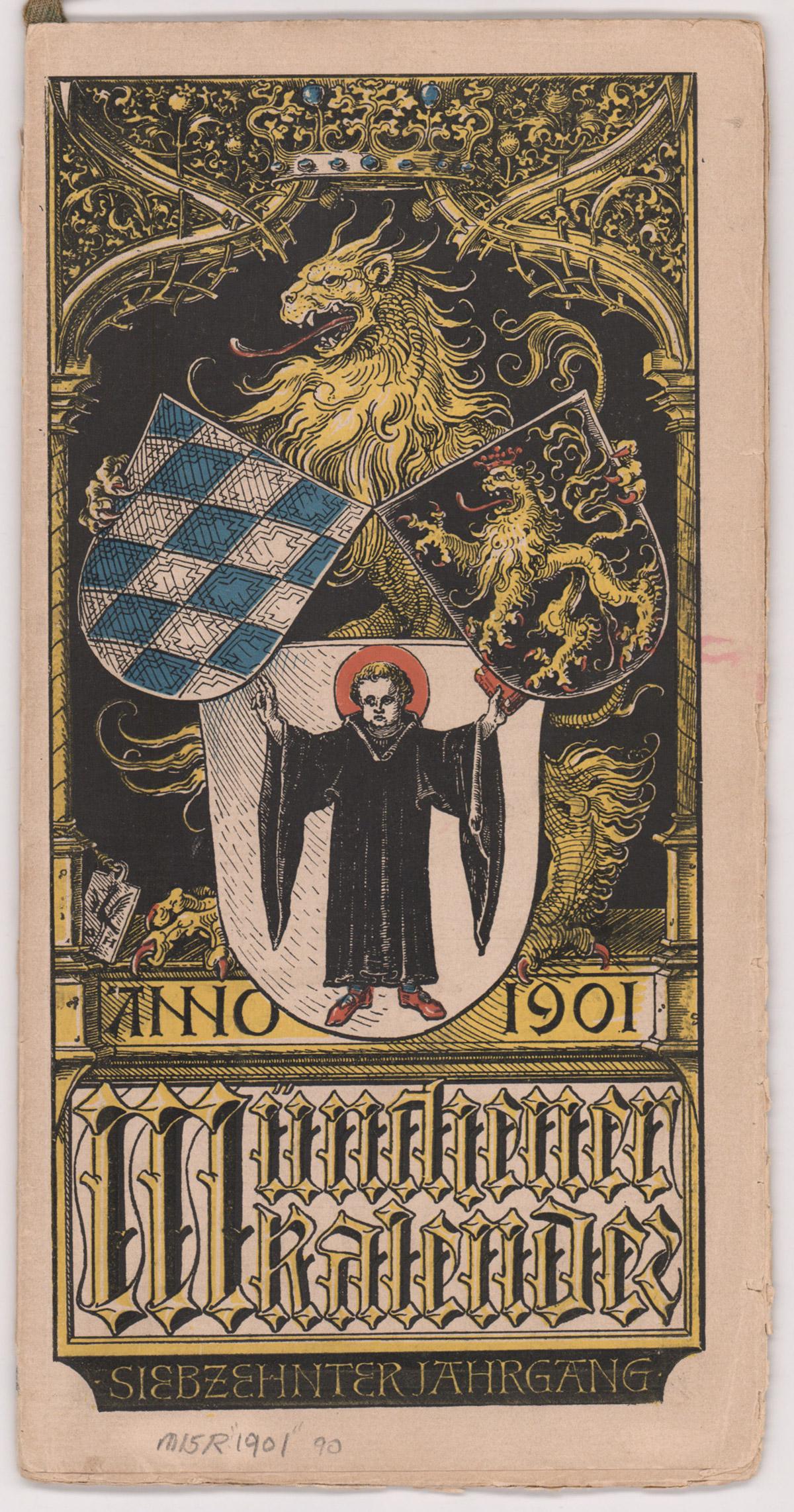 Antique German Calendar 1901 [Manchener Otto Hupp]: Antique German calendar, (Manchener Kalender) 1901, complete. Text is in German. Designed by German artist Otto Hupp (German 1859 - 1949) and were issued by the Zentralverein fur Kirchenba, who decide