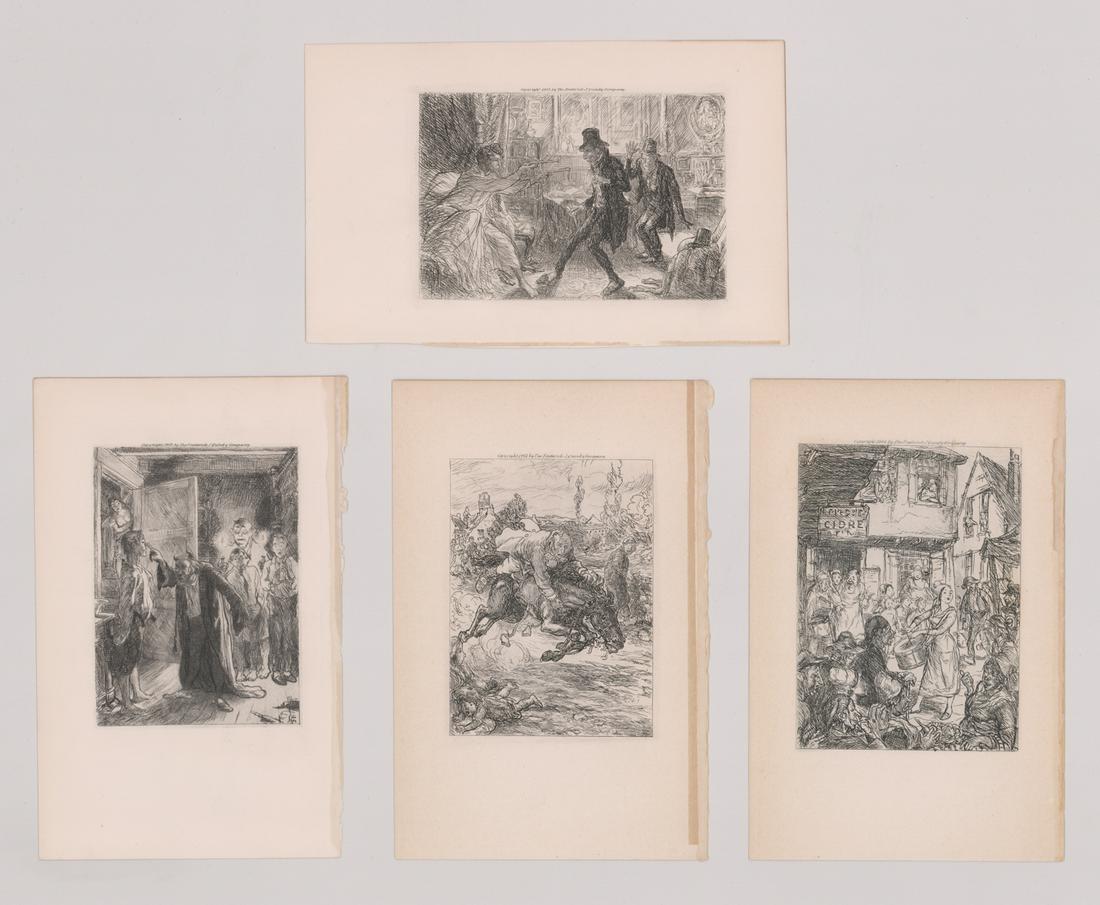 Four Original Etchings by John Sloan, Book Plates: Four Original Etchings by John Sloan (American 1871 - 1951), Book Plates with tissue covers, from The Works of Charles Paul Dekock. Captions: "In vain did Dupont shout "Stop! Stop!"; "When she beat th