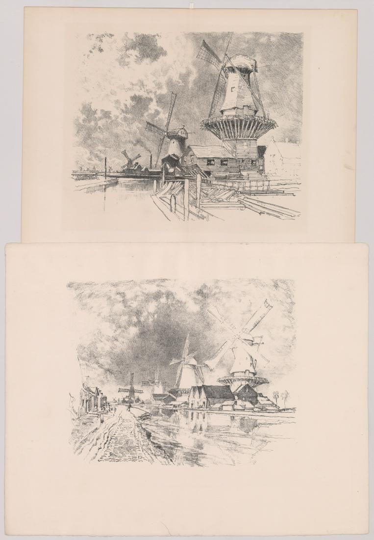 Joseph Pennell Lithographs: Two Joseph Pennell plate signed lithographs. "Studio" embossed in paper, just right of center under image. One may be a taped diptych. Image size 11" x 9.25", sheet size 15.25" x 11.25". 2) NAME print