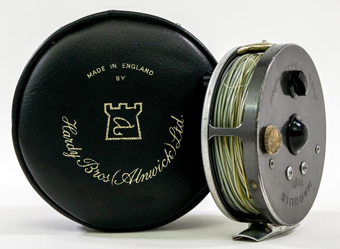Hardy Marquis 8/9 Fly Fishing Reel: Hardy Marquis 8/9 Fly Fishing Reel. Design max line weight 9, line weight 8, backing length 55/30 with case. No spools. Good condition with medium-to-heavy use. Provenance: Vernon Gallup Collection. I