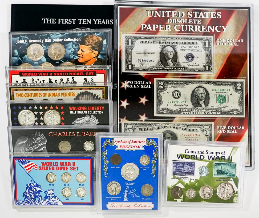 US Currency and Coin (10) Sets: Collection of vintage United States currency and coin sets. Includes: 1) Ten silver quarters 1932-1942. 2) Five silver coins and two stamps of WWII. 3) Five silver dimes of WWII. 4) Eleven nickels of