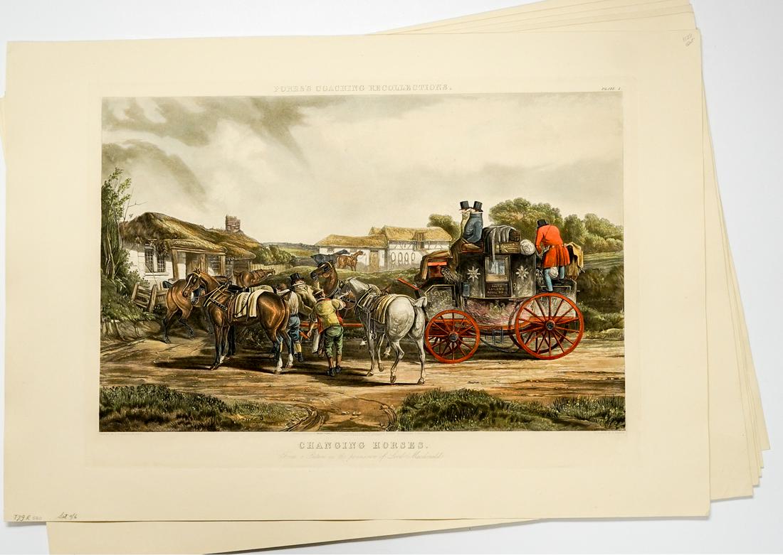After CC Henderson Fores's Coaching Recollections: After CC Henderson, six (6) color etchings of Fores's Coaching Recollections. Images measure 20 in. x 28.25 in. and sheets measure 25 in. x 36 in. Unframed, loose and not glued or mounted. Provenance: