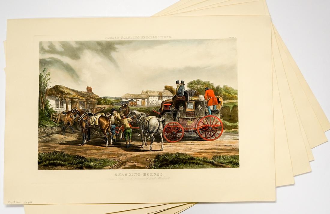 After CC Henderson Fores's Coaching Recollections: After CC Henderson, six (6) color etchings of Fores's Coaching Recollections. Images measure 20 in. x 28.25 in. and sheets measure 25 in. x 36 in. Unframed, loose and not glued or mounted. Provenance: