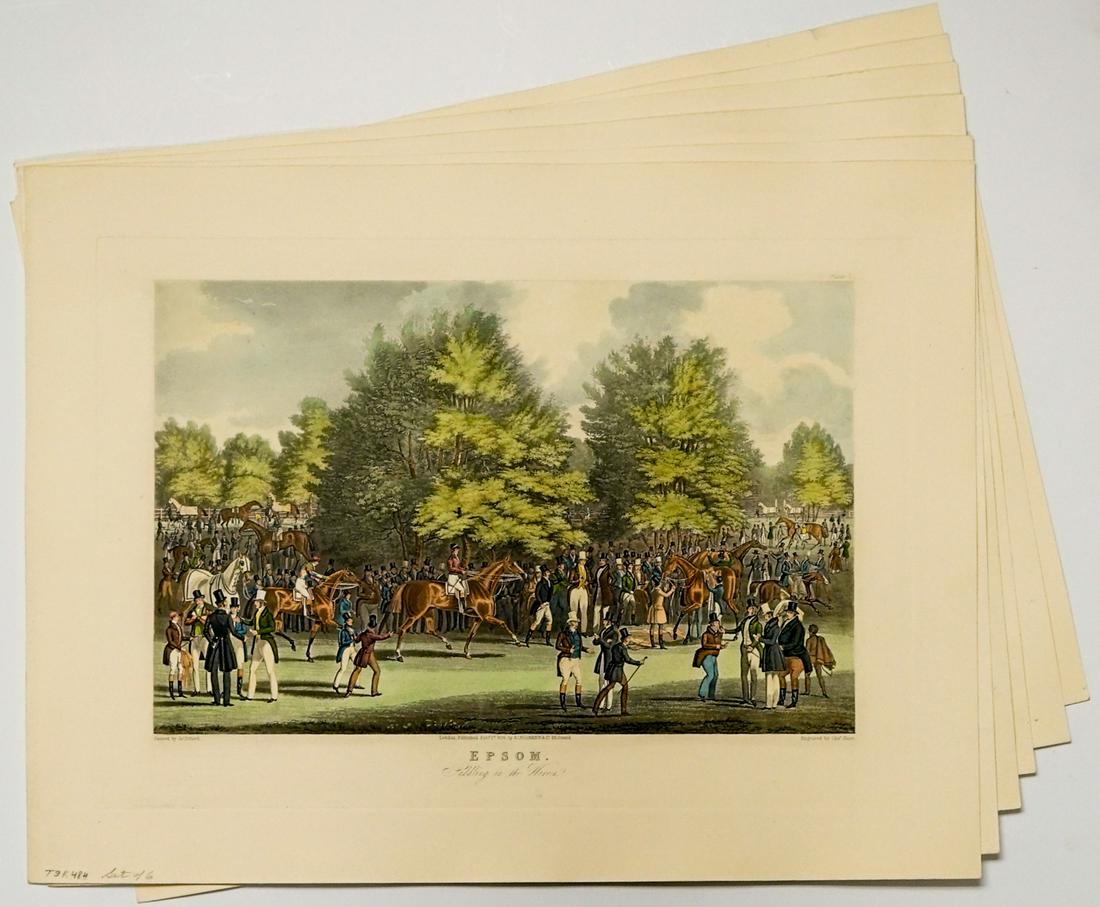 After Charles Hunt Horse Racing Colored Engravings: After Charles Hunt group of hand colored engravings, six Epsom Downs horse racing engravings published by Ackermann & Co (printed lower center). All painted by "J. Pollard" (printed lower left) and en