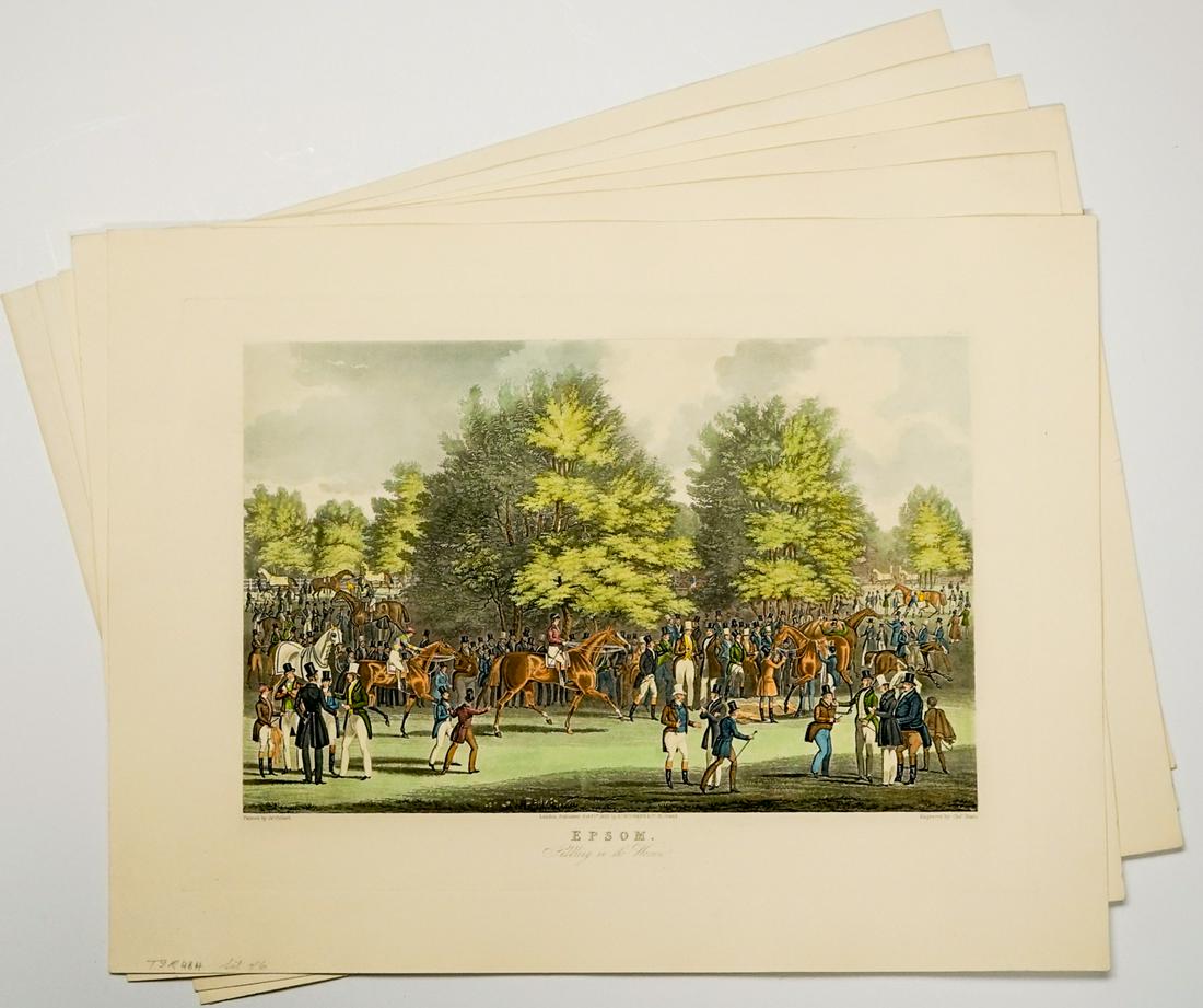 After Charles Hunt Horse Racing Colored Engravings: After Charles Hunt group of hand colored engravings, six Epsom Downs horse racing engravings published by Ackermann & Co (printed lower center). All painted by "J. Pollard" (printed lower left) and en
