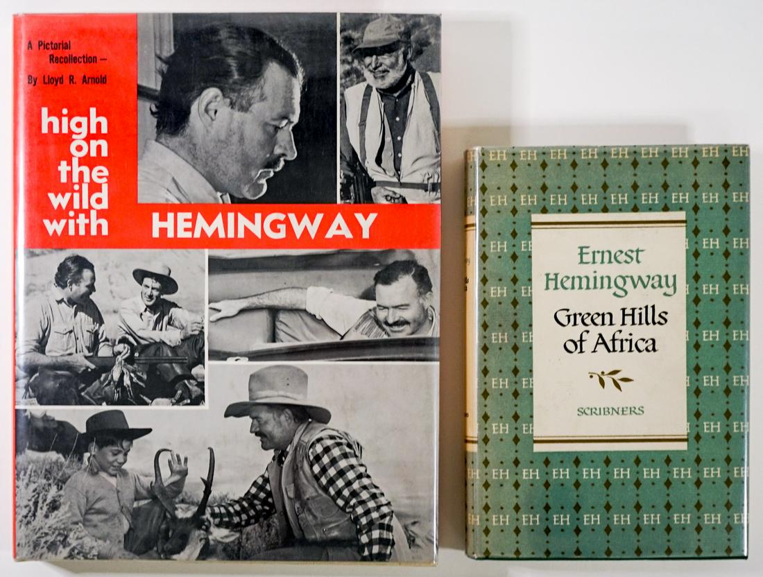 Ernest Hemingway (2) Books: Two (2) books of or by Ernest Hemingway. Includes: 1) Green Hill of Africa. Reprinted 1954 with dust jacket unclipped. Measures 8.5 in. x 5.75 in. x 1 in. 2) High on the Wild with Hemingway by Lloyd R
