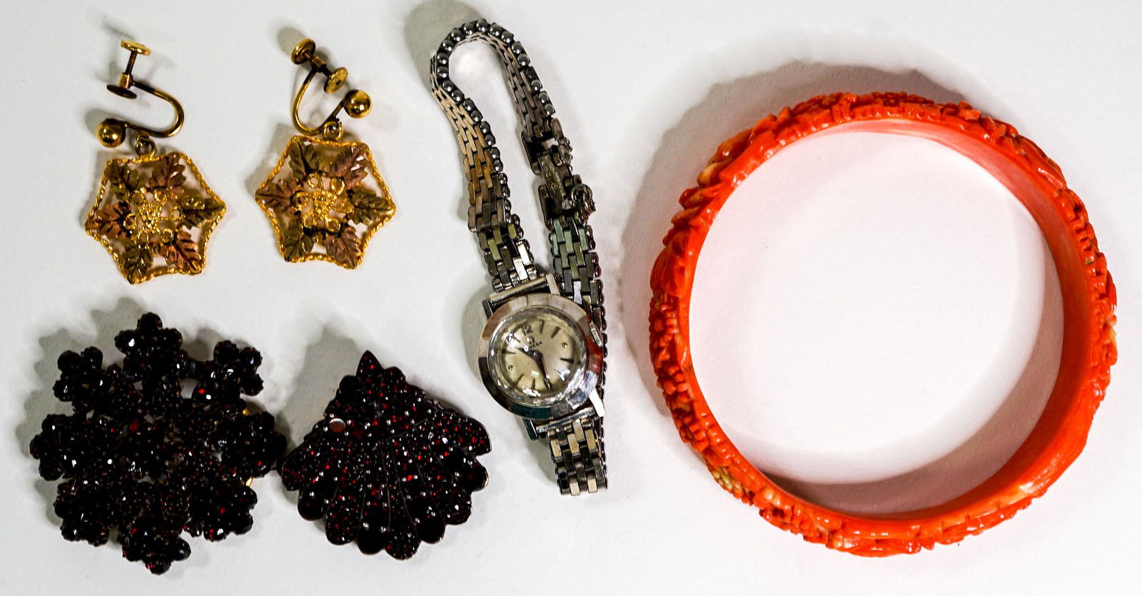 Estate Jewelry. Omega Watch, Garnet Pins, 10k (1 of 12)