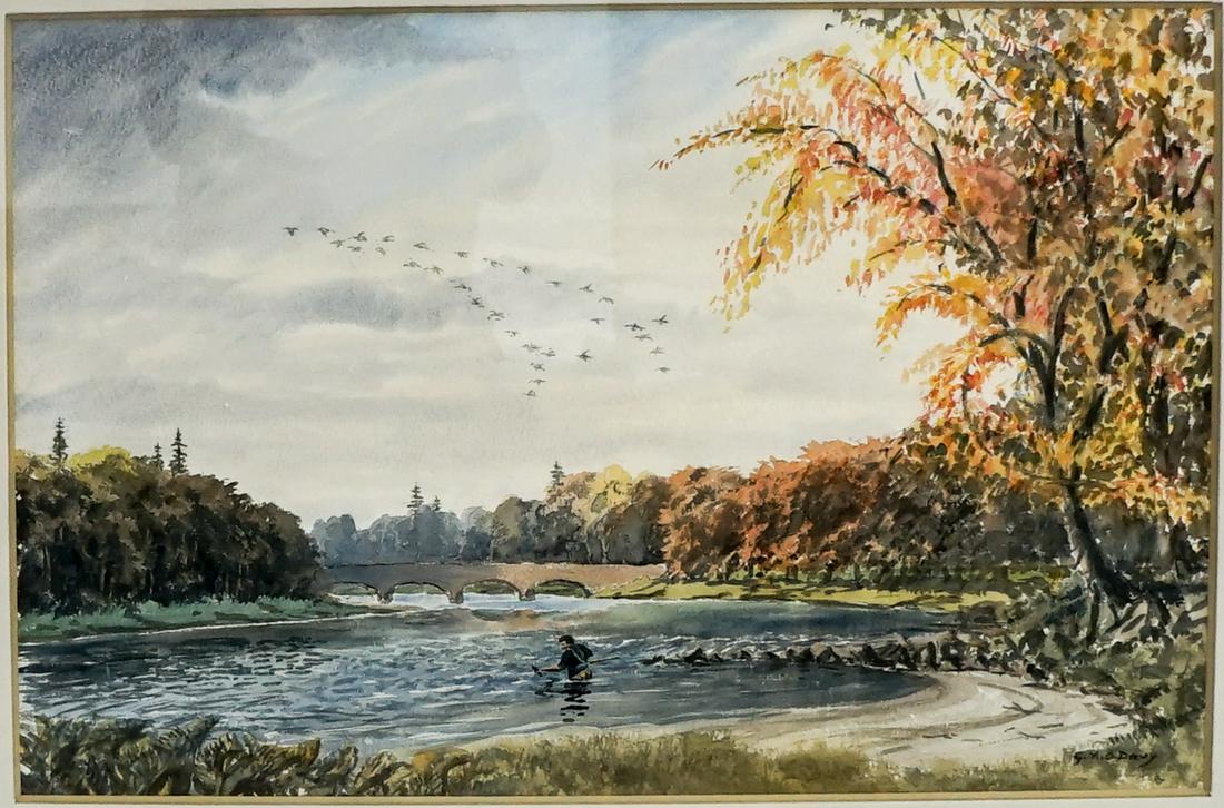 Scotland, Pearl Fisher Original Watercolor: Scotland, Pearl Fisher framed original watercolor. Inscribed verso. Measures 14.5-in. x 22-in. image size and 25-in. x 32.5-in. framed. Watercolor appears to be in EX+/Near Mint condition. If lot is a
