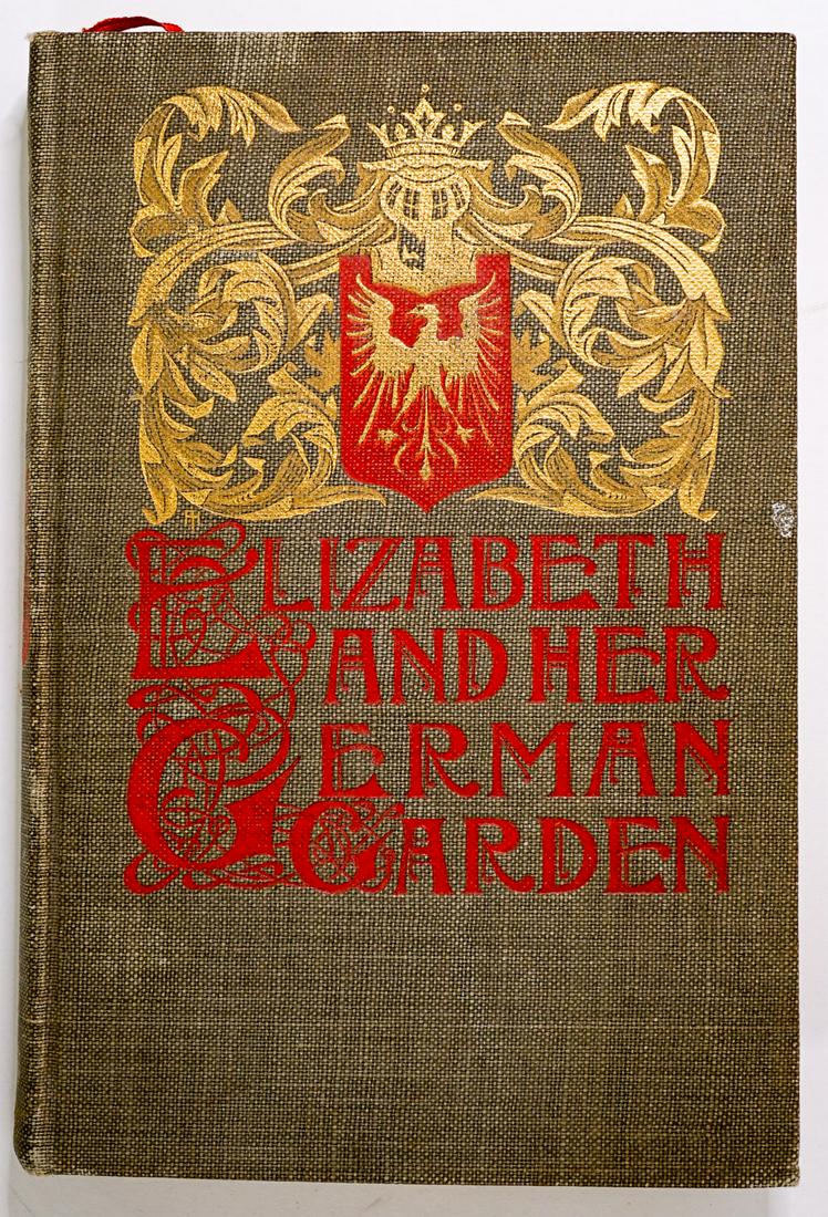 Elizabeth and Her German Garden 1901: Elizabeth and Her German Garden. 1901. Illustrated by Alberta Hall. Henneberry Company New York. Unpaginated. Front gutter cracked. Cloth covers with gilt and red lettering and design. Measures 8.875 