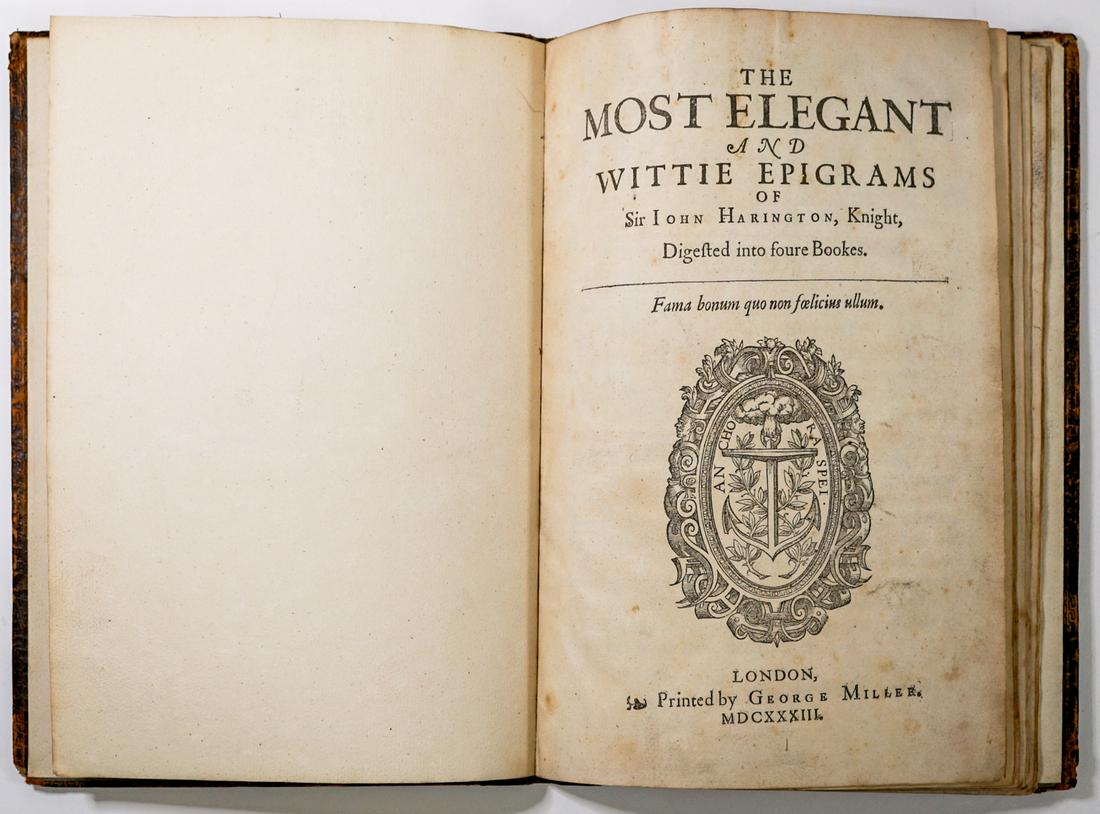 Elegant and Wittie Epigrams of Harington 1633: SCARCE The Most Elegant and Wittie Epigrams of Sir John Harington, Knight. Digested into Foure Bookes. 1633 (later edition). Printed by George Miller, London. Unpaginated. 41 pp. Leatherbound with sta