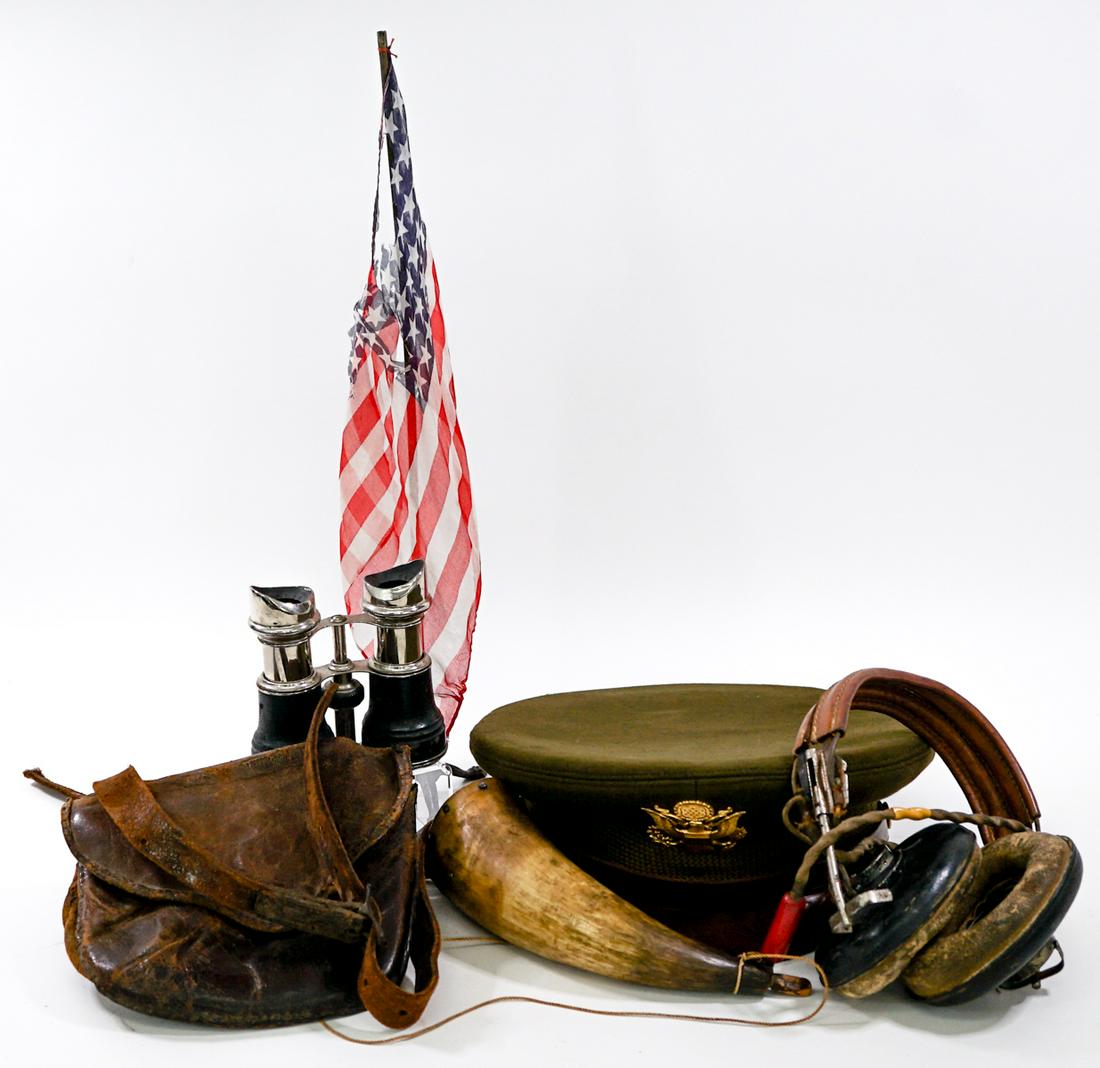 Vintage Militaria (6) Hat, Pouch Binoculars: Vintage (6) Militaria hat, pouch, binoculars, powder horn, pilot head phones and more. Group measures 19 in. x 8.25 in. x 6.5 in. Weigh 3 lbs 8 oz. Provenance: From the estate of Clint Max Miller of S