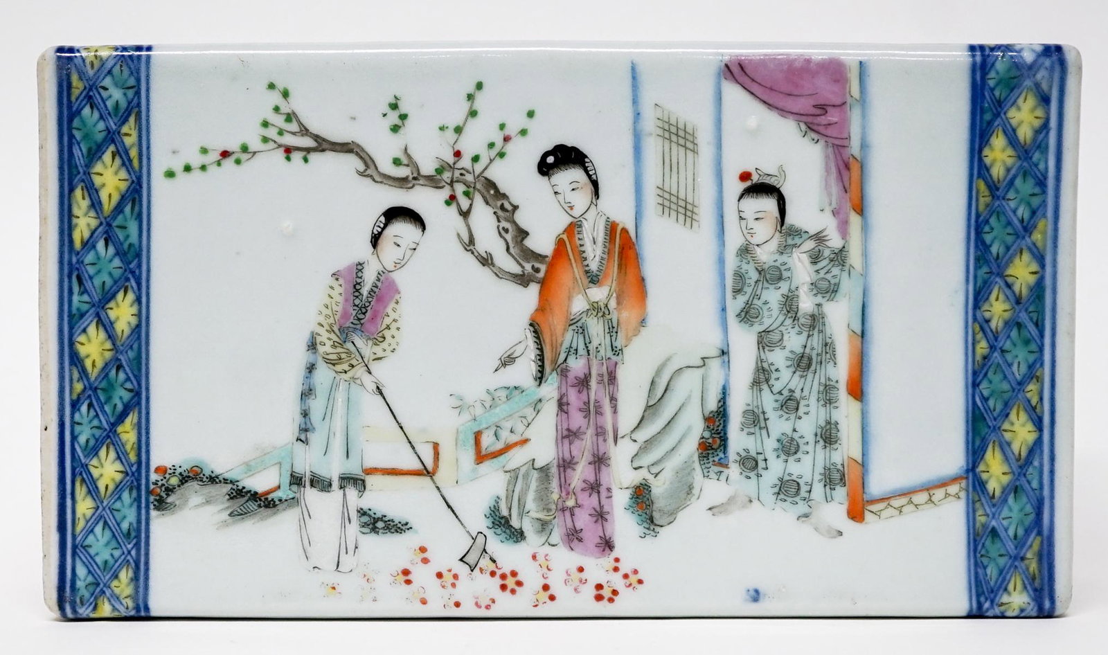 Vintage Chinese Porcelain Hand-Painted Pillow: Chinese porcelain hand-painted pillow. Measures 5 in. x 9 in. x 3 in. If lot is absent of a condition report one may be requested via email. Condition report is provided as an opinion only and is no g