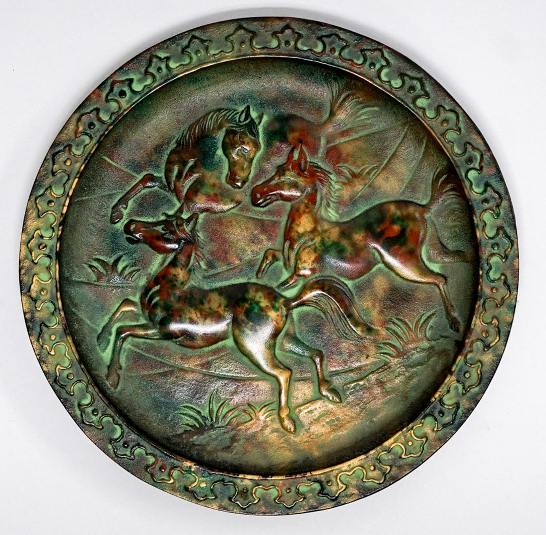 Vintage Asian Cast Iron Colored Plaque with Horses (1 of 3)