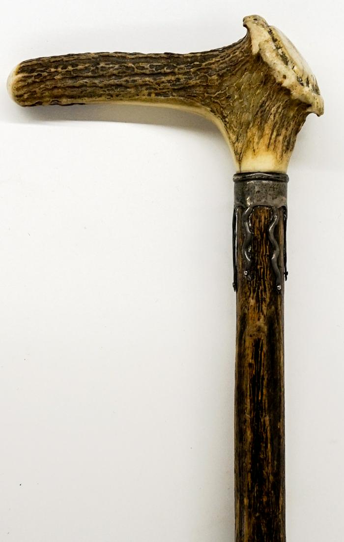 Antler Handled Walking Stick (Carved Wood) (1 of 5)