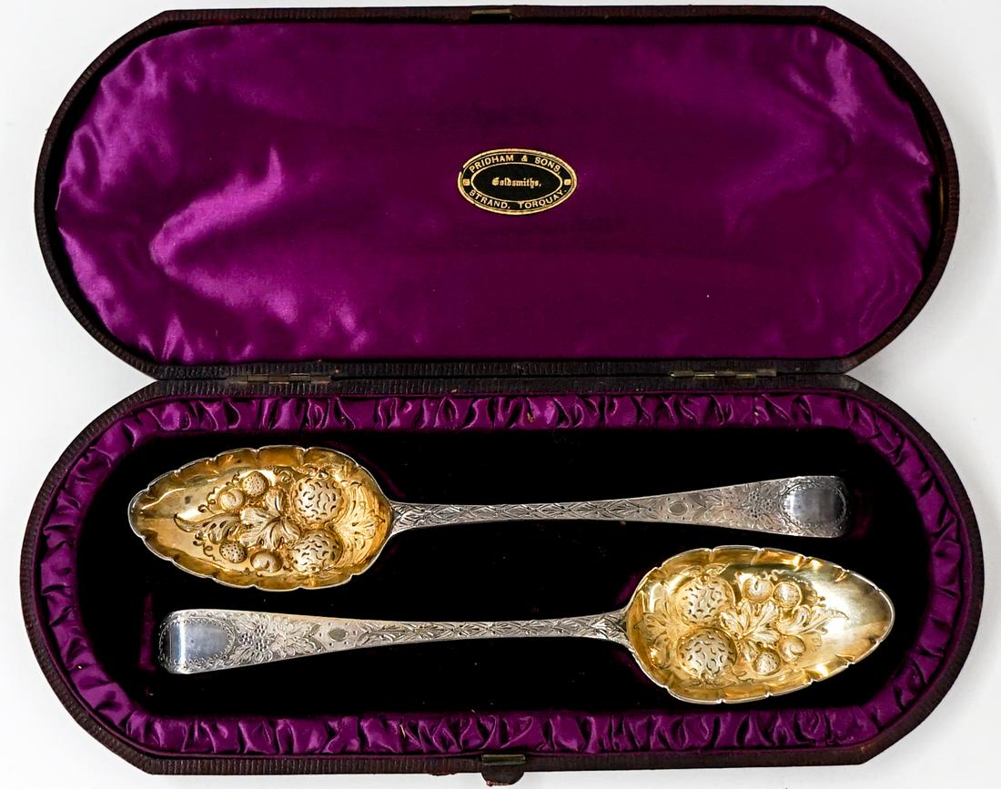 Hester Bateman Hallmarked Sterling Spoons: A Hester Bateman hallmarked sterling berry spoon, date letter for 1785, measuring 8.5 inches and weighing 59 grams with a Sarah and John William Blake hallmarked sterling berry spoon, date letter for