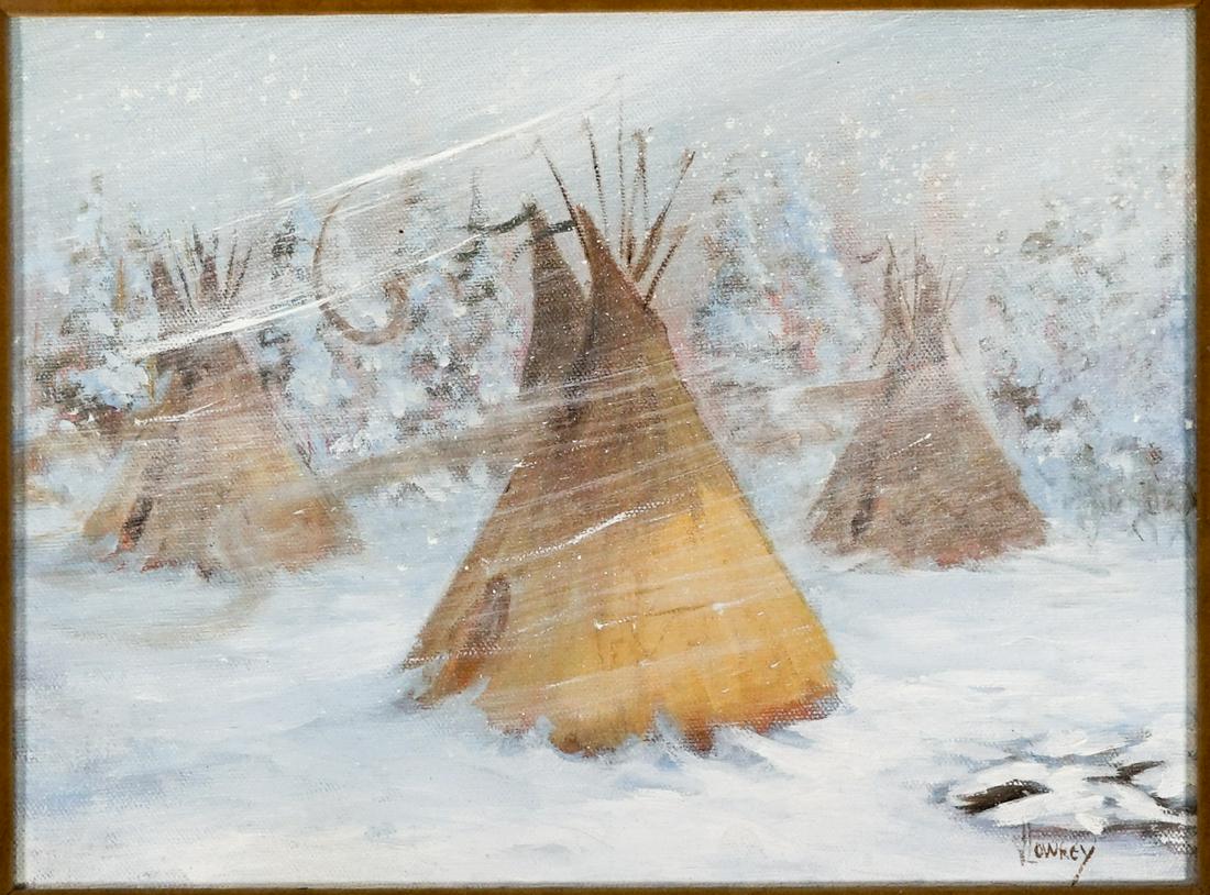 Vivian Lowrey Oil on Canvas [Teepees]: Vivian Lowrey framed original oil painting on stretched canvas. Signed lower right. Measures 9 in. x 12 in. image size and framed measures 12.5 in. x 15.5 in.. Excellent condition with no evidence of 