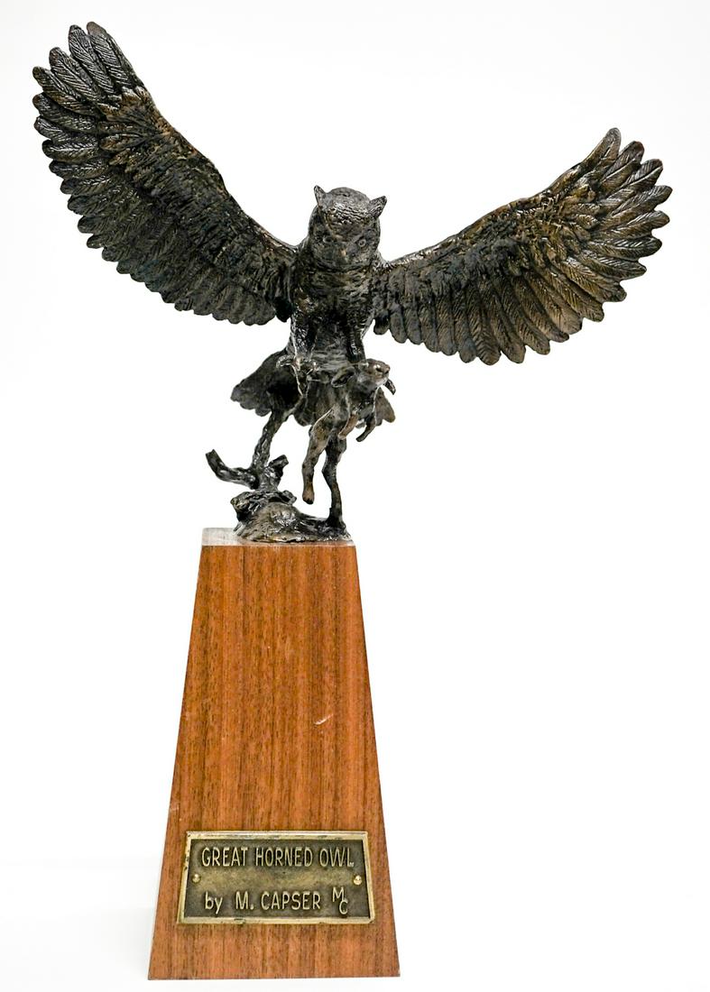 Bronze 'Great Horned Owl' on Wood by M. Casper (1 of 8)