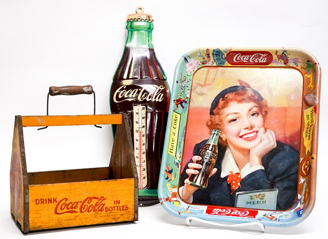 Coca Cola Memoribilia (3) Tray, Tote Thermometer (1 of 9)