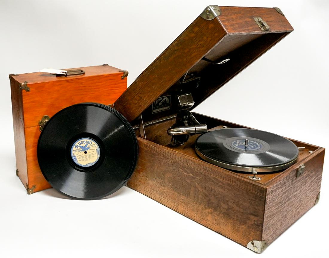 Victor VV 50 Phonograph with Case and Records: Victor Talking Machine Phonograph VV 50 with Wood Record Case and over forty-five 10 inch records. Western and more. AS-IS. Untested. Phonograph measures 12 in. x 17.375 in. x 8.75 in.; record case me