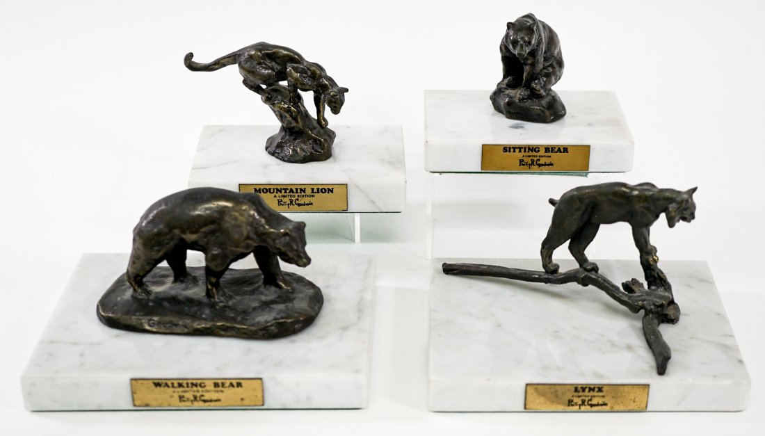 Philip Goodwin Small Bronzes (4): A collection of Philip Goodwin small bronzes. They measure 2.75-in. x 2.375-in. x 1.75-in. to 2.5-in. x 4.25-in. x 2.25-in. They sit loose on marbles bases and are not glued or affixed to bases. All a