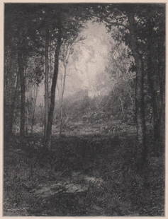 Henry Wolf Signed Wood Engraving c. 1905: Henry Wolf signed wood engraving "In the Adirondacks", after Alexander H. Wyant. Measures 6.25-in. x 4.75-in. image size. On tissue, glued to sheet at corners only. Very light toning over exposed