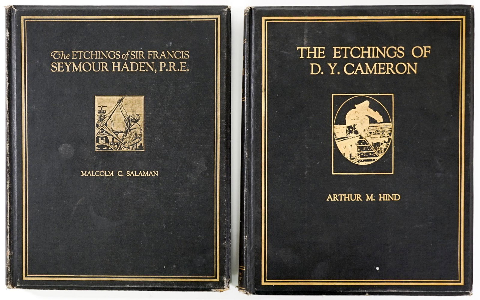 Etchings (2) Books of Haydon and Cameron: Two (2) books of etchings, both cloth covers with gilt lettering and design.. Includes: 1) The Etchings of Sir Francis Seymour Haydon by Malcolm C. Salaman. 1923. Halton and Truscott Smith, London. 2)