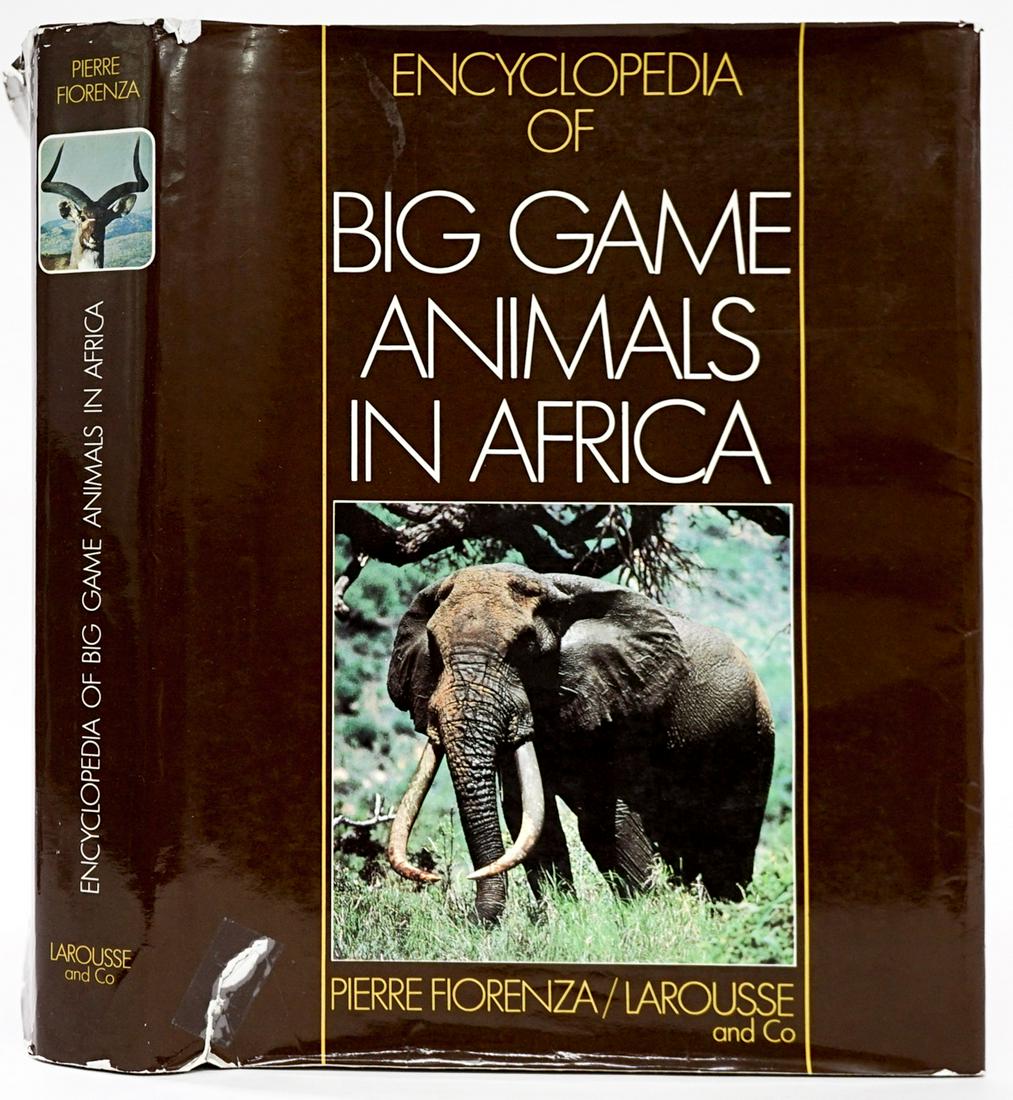 Encyclopedia of Big Game Animals: Encyclopedia of Big Game Animals in Africa by Pierre Florenza / Larousse. Brown leatherette padded covers with dust jacket unclipped. Tape repair to jacket. Measures 11.75 in. x 9.5 in. x 1.5 in. If l