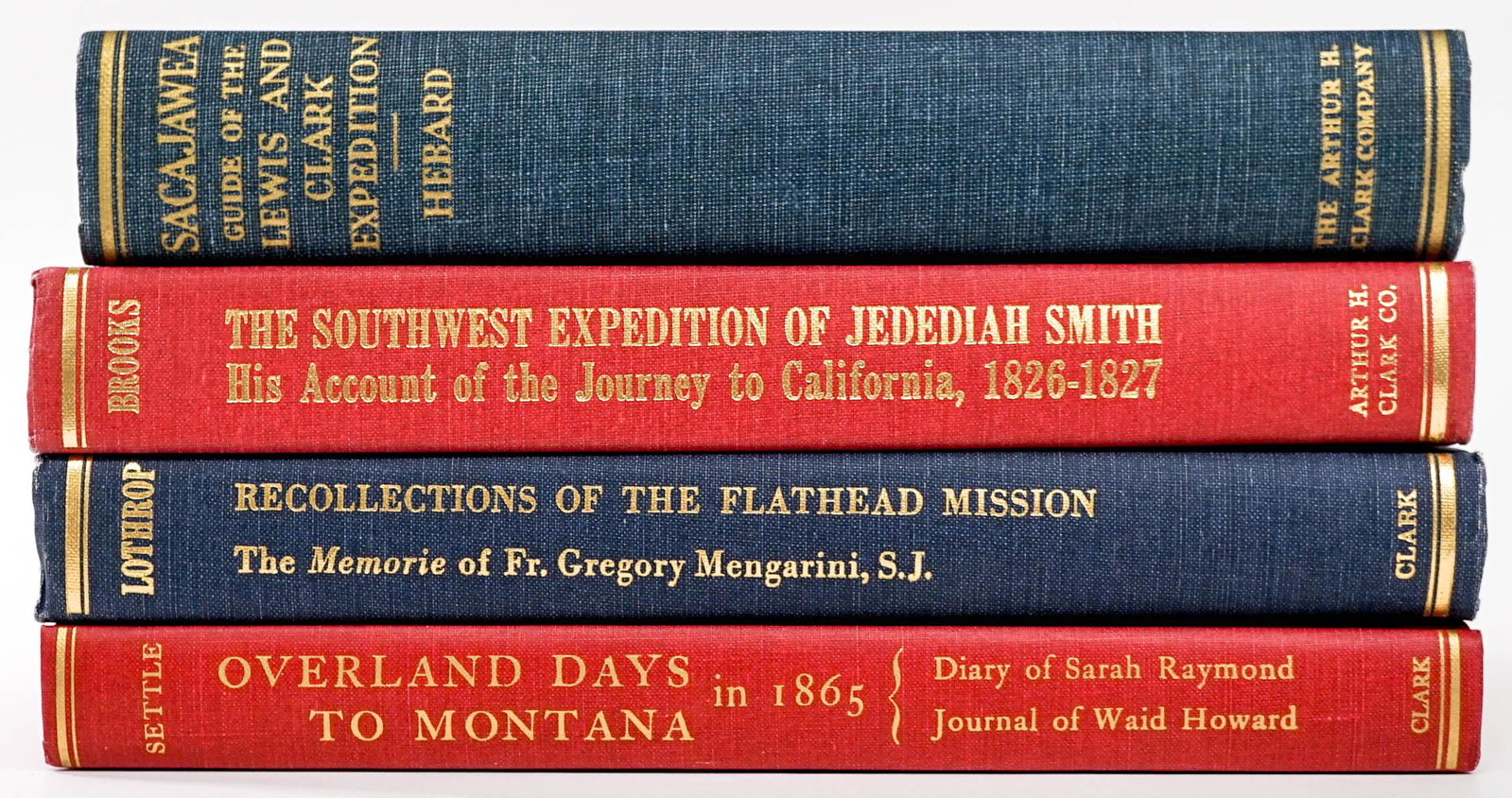 Arthur Clark (4) Publications [Western Americana]: Four (4) Arthur H. Clark Publications. Includes: 1) Sacajawea by Hebard. 1967 2) Recollections of the Flathead Mission. 1977. 3) Overland Days to Montana. 1971. 4) The Southwest Expedition of Jedediah