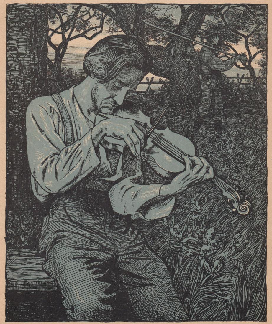 Hans Thoma Color Wood Engraving [Violinist]: Hans Thoma (German 1839-1924) color wood engraving. Artist name and title printed lower center, Hans Thomas, 'Der Geiger' (The Fiddler). Measures 10.625-in. x 8.75-in. image size, 14.25-in. x 11-in. s