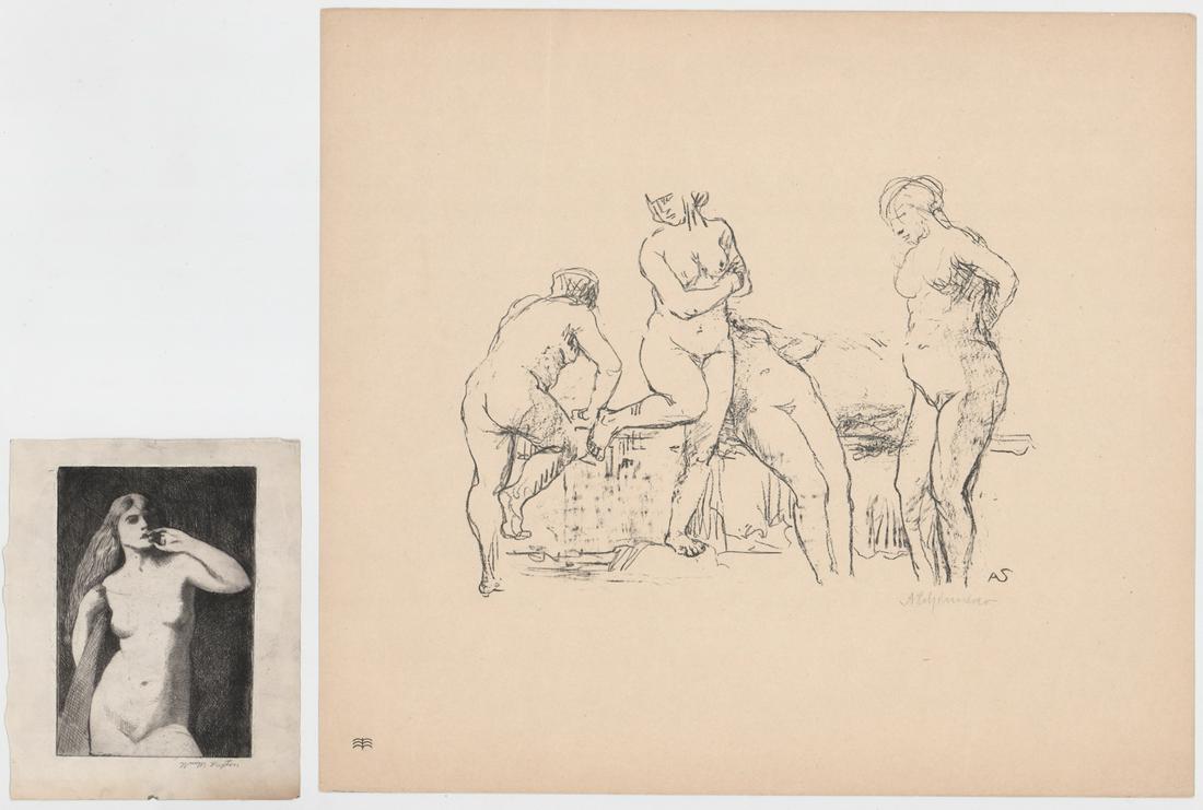 Paxton Etching/Illegibly Signed Litho [Nudes]: Two (2) prints. 1) RARE William McGregor Paxton (Massachusetts, Maryland 1869 - 1941) etching. Signed by artist in pencil lower right. Measures 5.75-in. x 4-in. image size, 7.25-in. x 5.75-in. sheet s