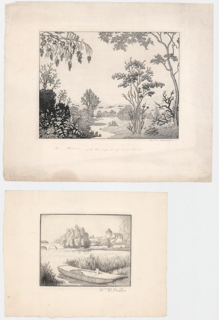 William Paxton/Livia Kadar Etchings [Nature]: Two (2) etchings. 1) RARE William McGregor Paxton (Massachusetts, Maryland 1869 - 1941) etching. Signed by artist in pencil lower right. Measures 3.5-in. x 4.25-in. image size, 6-in. x 7.75-in. sheet