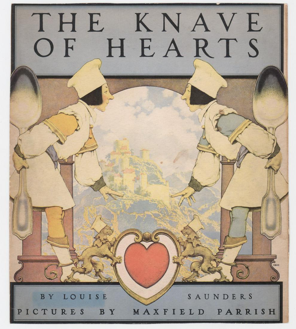 Maxfield Parrish Knave of Hearts Sign: Maxfield Parrish "The Knave of Hearts" print or sign on thin cardstock. Measures 12-in. x 10.625-in. Faded, trimmed, fair to good condition. Loose, unframed and not glued or mounted. If lot is absent