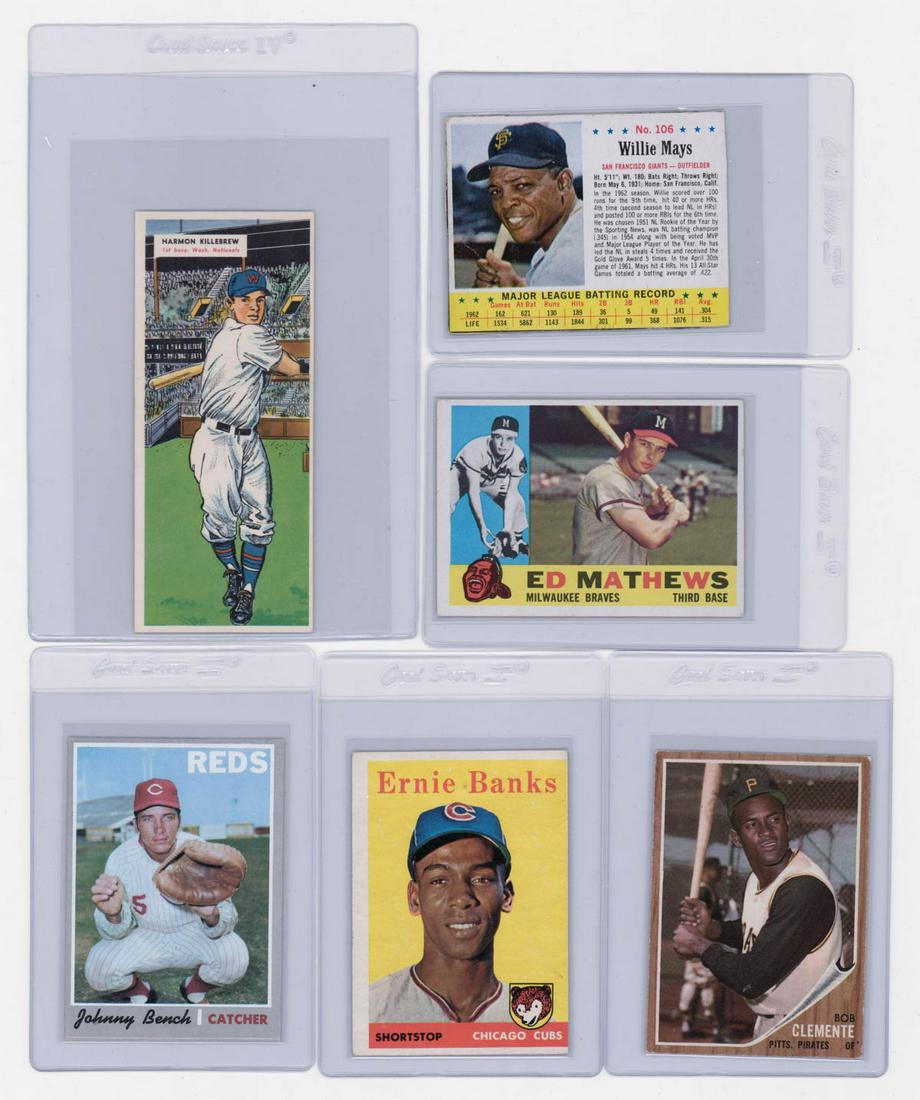 Baseball Hall of Famers Baseball Cards (6): Baseball Hall of Famers group of trading cards. Roberte Clemente (VG/VG-EX), Wille Mays hand cut, Ed Mathews (VG/VG-EX), Ernie Banks (EX, MC), Johnny Bench (EX/EX-MT) and Harmon Killebrew (EX). Sold a