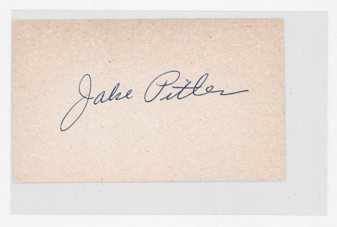 Jake Pitler (d.1968, 1918 Pirates Player, Coach): Jake Pitler (d.1968) signed 3 x 5. PSA/DNA #L73804. This lot requires a Wire or Zelle transfer. If lot is absent of a condition report one may be requested via email. Condition report is provided as a