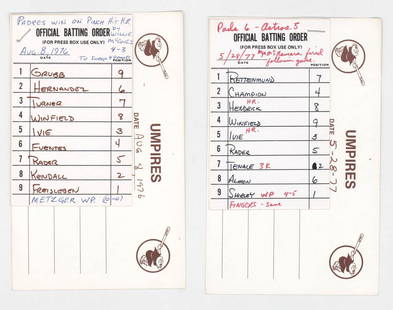 San Diego Padres Historical Lineup Cards (2): San Diego Padres lineup cards (2). Mgr. John McNamara fired following game and Padres win on pinch hit HR by Willie McCovey. Provenance: Estate of Thomas P. Mulcahy (Professional Baseball Player for P